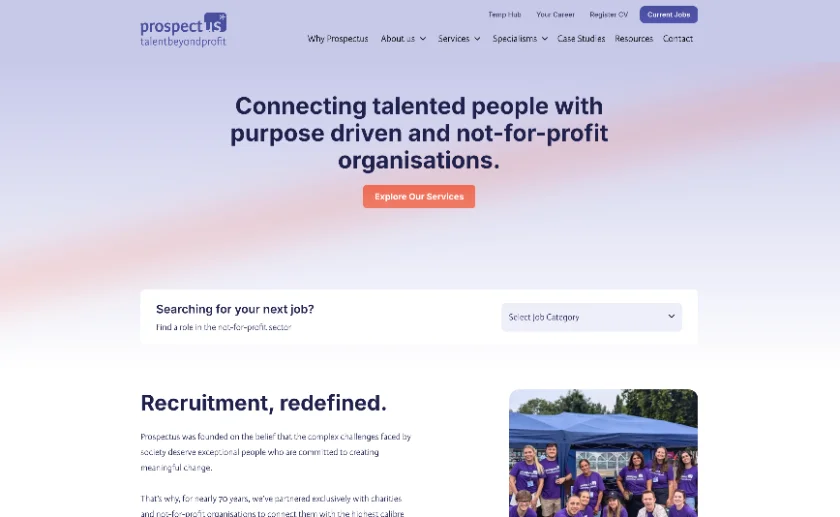 Prospectus homepage after the move to WordPress: hero, job search and Recruitment, redefined section